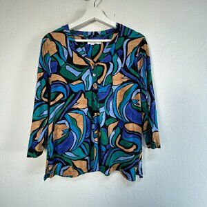 Chico's Womens Abstract Print 3/4 Sleeve Henley Top Size 1, US Medium Multicolor